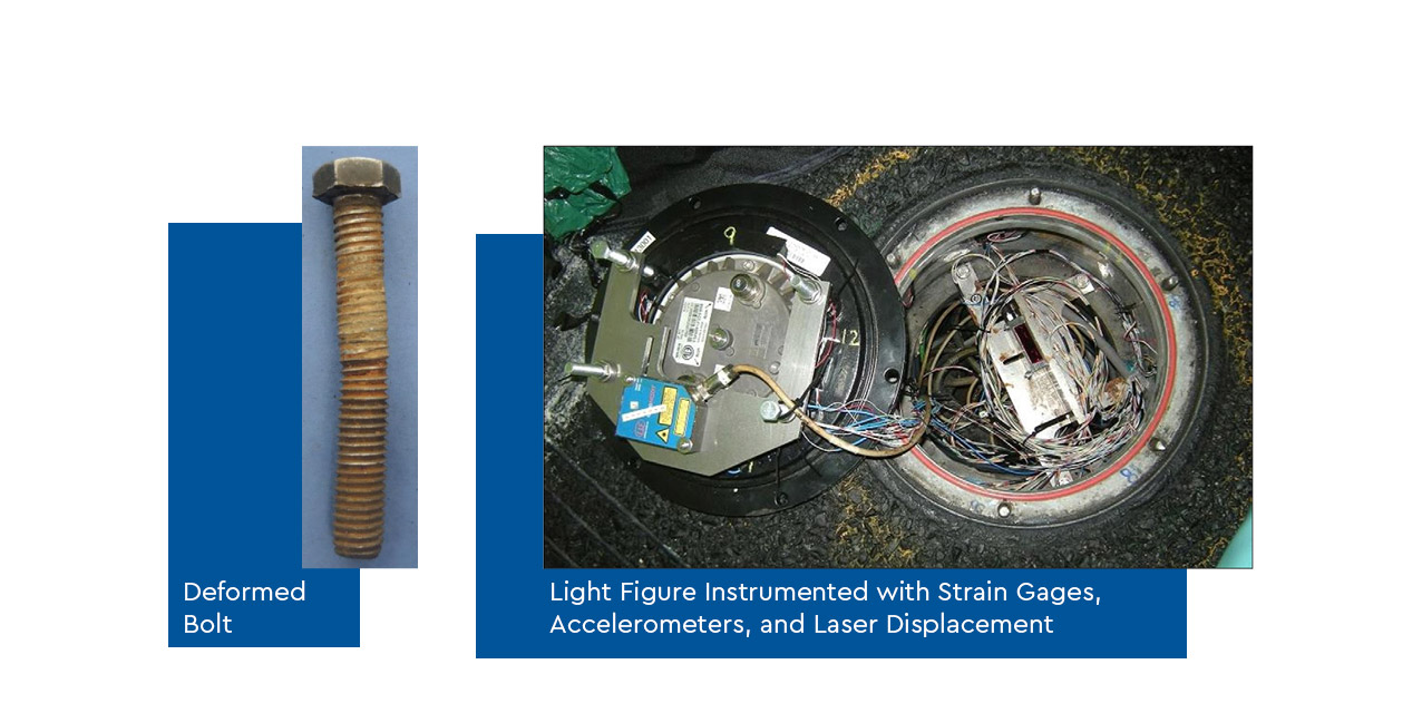 Damaged hardware and a lighting fixture instrumented with strain gages, accelerometers and laser displacement transducers